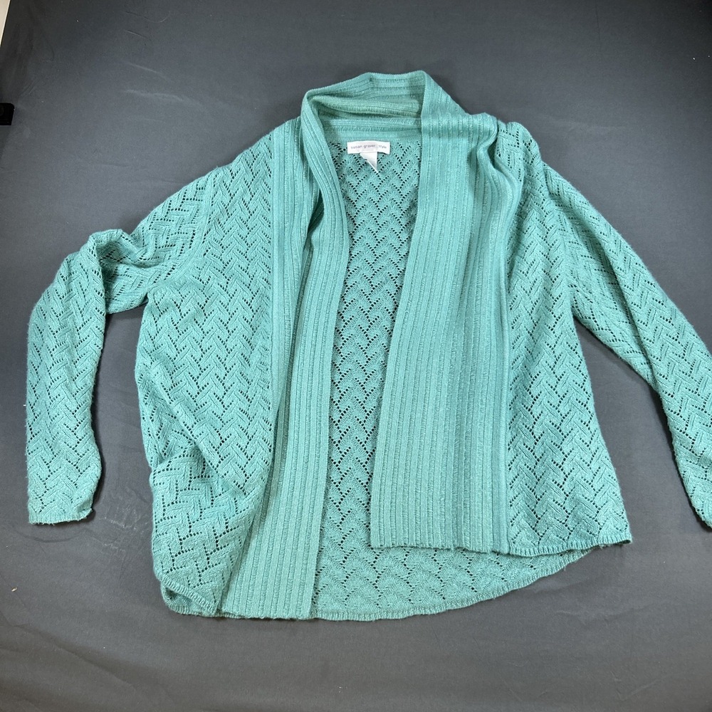 Susan Graver Style Aqua Green Open Weave Cardigan Sweater Metallic L A1412